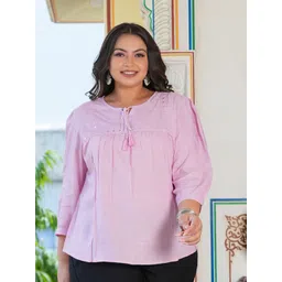 YASH GALLERY Plus Size Tie-Up Neck Mirror Work Cotton Top-picture-14