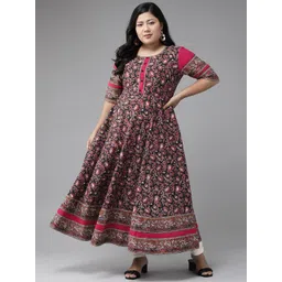 YASH GALLERY Plus Size Women Black & Pink Ethnic Motifs Printed A-Line Kurta-picture-30