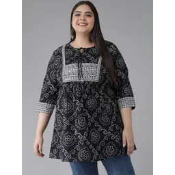 YASH GALLERY Plus Size Women Black & White Bandhani Printed Kurti-image-28