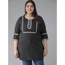 YASH GALLERY Plus Size Women Black & White Striped Kurti-image-27