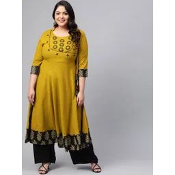 YASH GALLERY Plus Size Women Mustard & Black Yoke Design A-Line Kurta-image-7