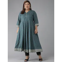 YASH GALLERY Plus Size Women Teal Blue & White Ethnic Motifs Printed Kurta-image-25