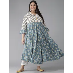 YASH GALLERY Plus Size Women White & Blue Ethnic Motifs Printed Bell Sleeves Kurta-image-24