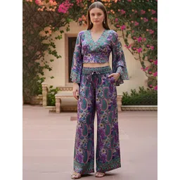 YASH GALLERY Printed V-Neck Top With Trousers Co-Ords-picture-24
