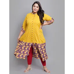 YASH GALLERY Woman Mustard Yellow Ethnic Motifs Printed Plus Size Kurta-image-8
