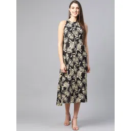 YASH GALLERY Women Black & Beige Printed A-Line Dress-picture-18