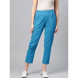 YASH GALLERY Women Blue Regular Fit Solid Cotton Cropped Regular Trousers-picture-20
