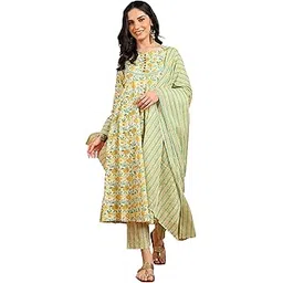 yash gallery Women Cotton Ankle Length Notch Neck Full Sleeves Floral Print Anarkali Kurta Set with Pant and Duptta-picture-38