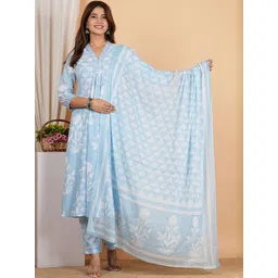 YASH GALLERY Women Ethnic Motifs Printed A-Line Mirror Work Kurta with Trousers & Dupatta-picture-21