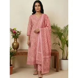 YASH GALLERY Women Floral Printed Regular Mirror Work Pure Cotton Kurta with Trousers & With Dupatta-picture-31