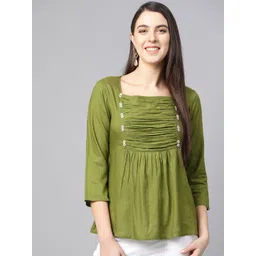 YASH GALLERY Women Olive Green Pleated A-Line Top-picture-17