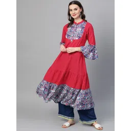 YASH GALLERY Women Pink & Blue Ajrkah Yoke-Design Tiered A-Line Kurta-picture-16