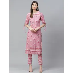 YASH GALLERY Women Pink & Golden Printed Kurta with Trousers-picture-18