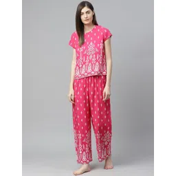 YASH GALLERY Women Pink & White Bohemian Print Night suit-picture-17