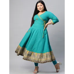 YASH GALLERY Women Plus Size Blue Ethnic Motifs Embroidered A-Line Angrakha Kurta-image-41