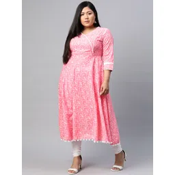 YASH GALLERY Women Plus Size Pink & White Ethnic Motifs Printed Angrakha Anarkali Kurta-picture-25