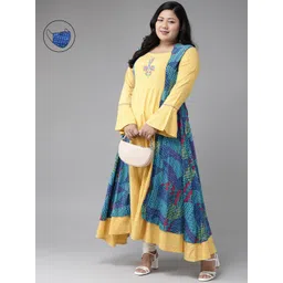 YASH GALLERY Women Plus Size Yellow & Blue Printed Anarkali Kurta with Mask-picture-21