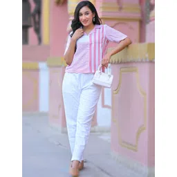 YASH GALLERY Women Poly Viscose Striped Shirt Top Short Sleeve-picture-33