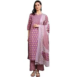 yash gallery Women Rayon Floral Printed 3/4Th Sleeve Regular Fit Mandarin Collar A-Line Kurta Pant And Dupatta Set-picture-39