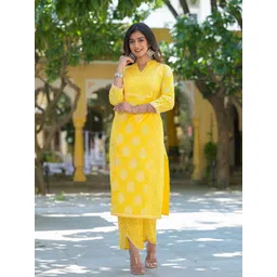 YASH GALLERY Women Yellow & White Ethnic Block Print Kurta with Trousers-picture-14