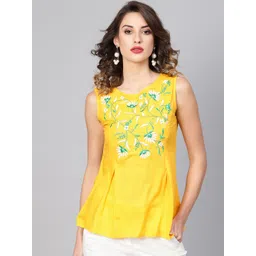 YASH GALLERY Women Yellow Floral Embroidered A-Line Top-picture-27