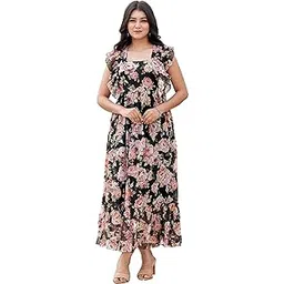 yash gallery Women’s Black Floral Print Maxi Dress with Ruffle Hem, Tie-Shoulder Straps & Flowy Chiffon Fabric | Lightweight Summer Holiday Dress for Brunch, Beach, Resort Wear, Party & Casual Outings-picture-32