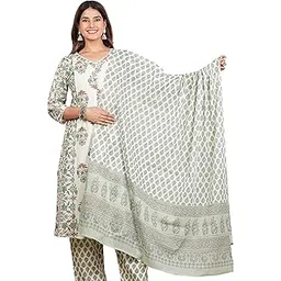 yash gallery Women's Cotton Cambric Floral Print Calf Length V-Neck with Lace and Potli Button Detaling 3/4 Sleeves Straight Kurta with Pant and Duptta (Multi)-picture-27