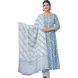 yash gallery Women's Cotton Floral Printed Anarkali Kurta with Pants & Dupatta Set-picture-32