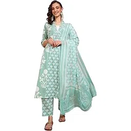 yash gallery Women's Cotton Floral Printed V-Neck 3/4TH Sleeve Calf Length Anarkali Kurta With Pant & Dupatta-picture-38