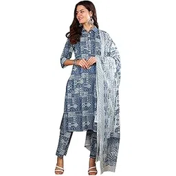 yash gallery Women's Cotton Geometrical Print Calf Length Shirt Collar 3/4th Sleeve Straight Kurta with Pant and Dupatta-picture-28