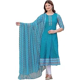 yash gallery Women's Cotton Relaxed Fit A Line Rayon & Cambric Zig-Zag Printed A-Line Kurta & Duptta-picture-13