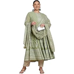 yash gallery Women’s Georgette Anarkali Kurta with Dupatta|Jaipuri Floral & Border Print | Flared Ghera,Round Notch Neck, 3/4 Sleeves Only Kurta & Dupatta (No Pant)-picture-32