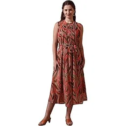 yash gallery Women’s Georgette Sleeveless Midi Dress | Rust & Brown Abstract Leaf Print | Gathered Round Neck, Self-Tie Belt, A-Line Flare | Casual, Brunch-picture-45