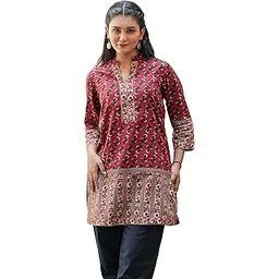 yash gallery Women's Maroon Cotton Floral Printed Mid Thigh Length 3/4th Sleeve Mandarin Collar Short Kurti-picture-18