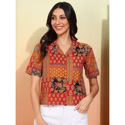 YASH GALLERY Women's Printed Cambric Cotton Short Sleeve Shirt Top-picture-12