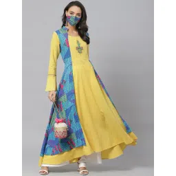 YASH GALLERY Yellow & Blue Printed Flared Kurta-picture-12