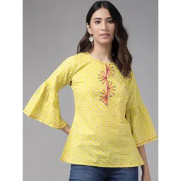 YASH GALLERY Yellow & Pink Printed Top With Embroidered Detail-picture-40