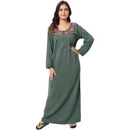 yazia Women’s Woolen Nighty with Embroidered Neck | Winter Long Night Gown | Full Sleeve Warm Sleepwear for Ladies | Comfortable Loungewear Dress-picture-24