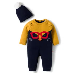 Yellow Apple Knit Full Raglan Sleeves Romper With Face Embroidery & Cap - Navy Blue-picture-21