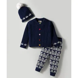 Yellow Apple Knit Full Sleeves Front Open Sweater Set with Cap & Cable Knit Design - Navy Blue-picture-11