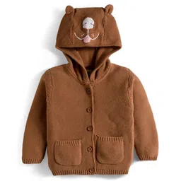 Yellow Apple Knit Full Sleeves Hooded Front Open Sweater With Cat Face Embroidered - Brown-picture-27