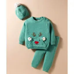 Yellow Apple Knit Full Sleeves Pullover Sweater Set with Cap & Deer Embroidery - Mint-picture-26