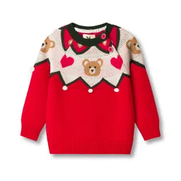 Yellow Apple Viscose Knit Full Raglan Sleeves Pullover Sweater with Heart & Bear Design - Red-picture-20