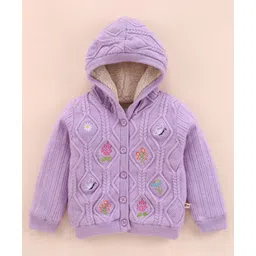 Yellow Apple Viscose Knit Full Sleeves Hooded Front Open Sweater With Cable Knit Design & Floral Embroidery - Lilac-picture-15