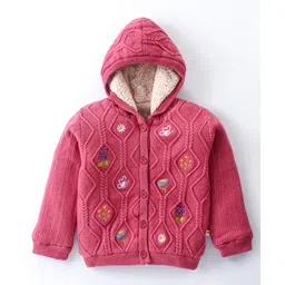 Yellow Apple Viscose Knit Full Sleeves Hooded Sweatjacket With Cable Knit Design & Floral Embroidery - Pink-picture-32