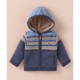 Yellow Apple Viscose Knitted Full Sleeves Hooded Front Open Sweater with Design - Navy Blue-picture-17