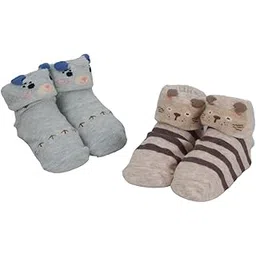yellow bee Bear and Animal Print Anti-Skid Socks for Boys- Pack of 2, Grey, Biege, 0-12 Months-picture-12