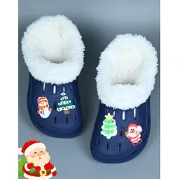 Yellow Bee Christmas Theme Fur Applique Detailed Perforated Clogs With Santa Claus Charms - Navy Blue-picture-17