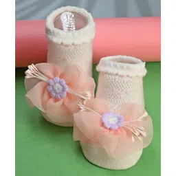 Yellow Bee Cotton Knit Floral Applique Detailed Socks - Multi Colour-picture-42