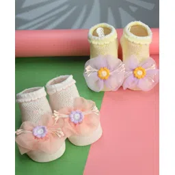 Yellow Bee Cotton Knit Pack Of 2 Floral Applique Detailed Socks - Multi Colour-picture-41